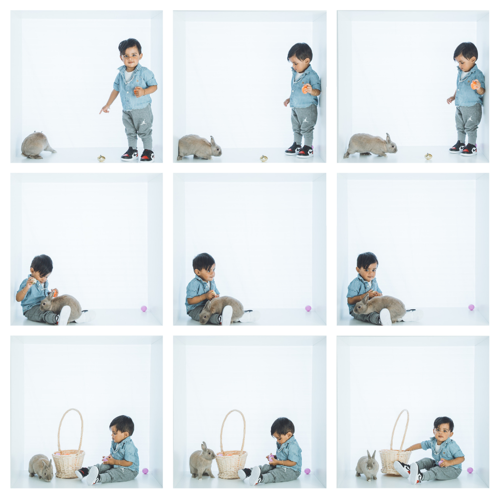 Progressive shots of child discovering Easter treats and toys against clean white backdrop.