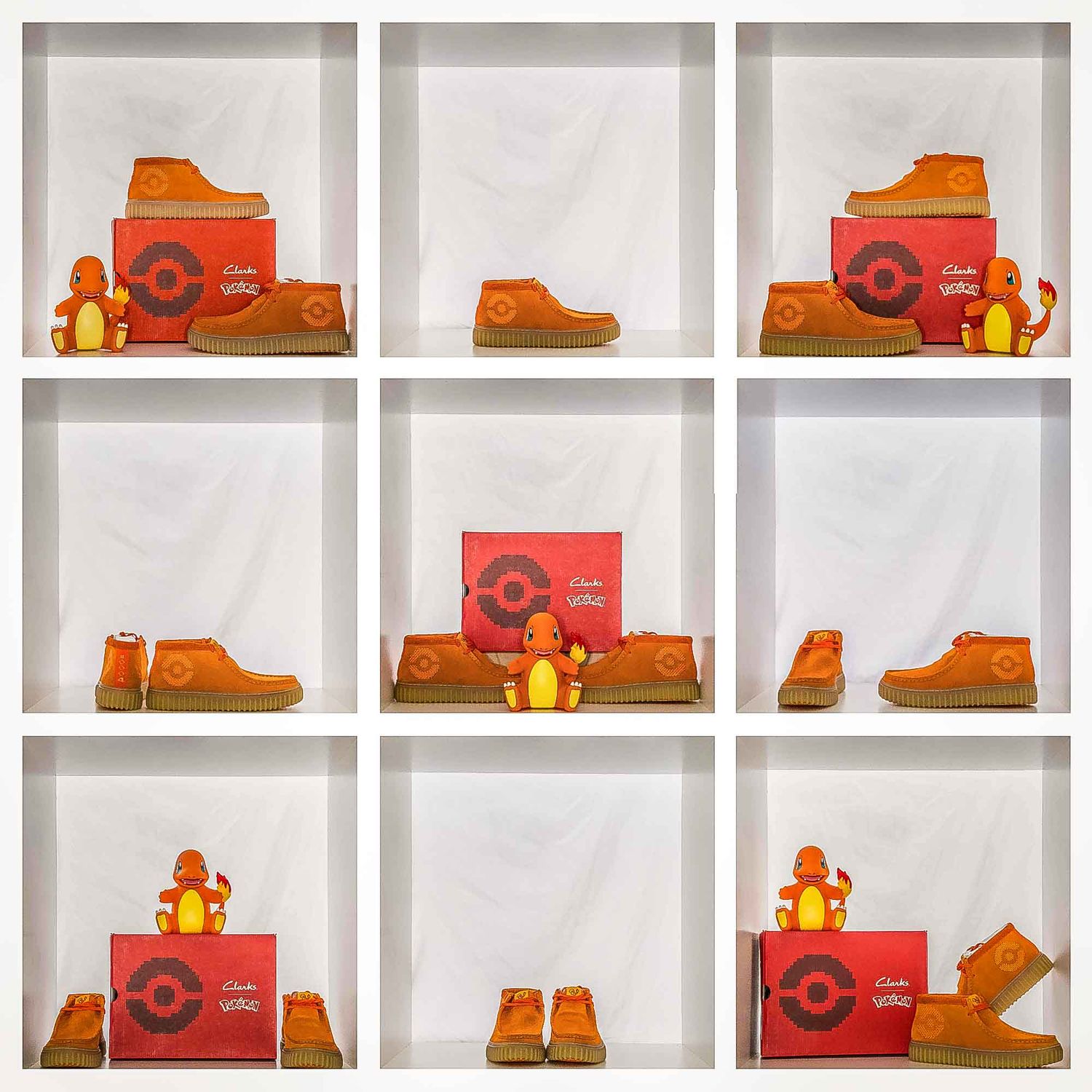 Pokemon merchandise featuring orange boots and Pikachu toys arranged on retail shelves.