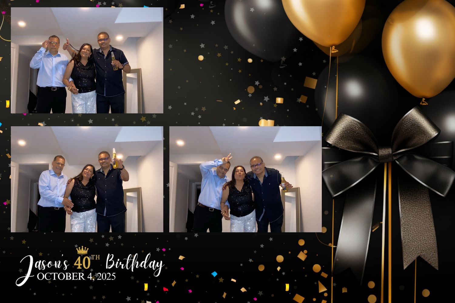 40th birthday photo collage with elegant black and gold balloon decorations.