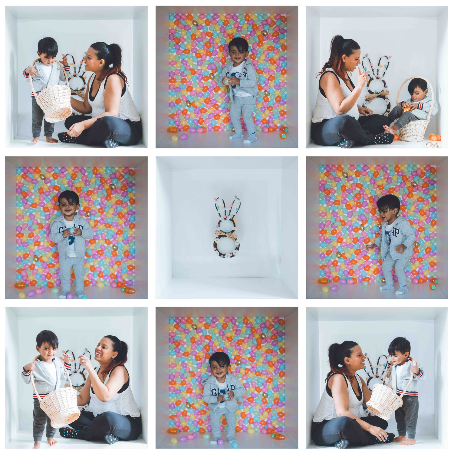 Collection of family portraits against a vibrant pink and orange floral wall backdrop.