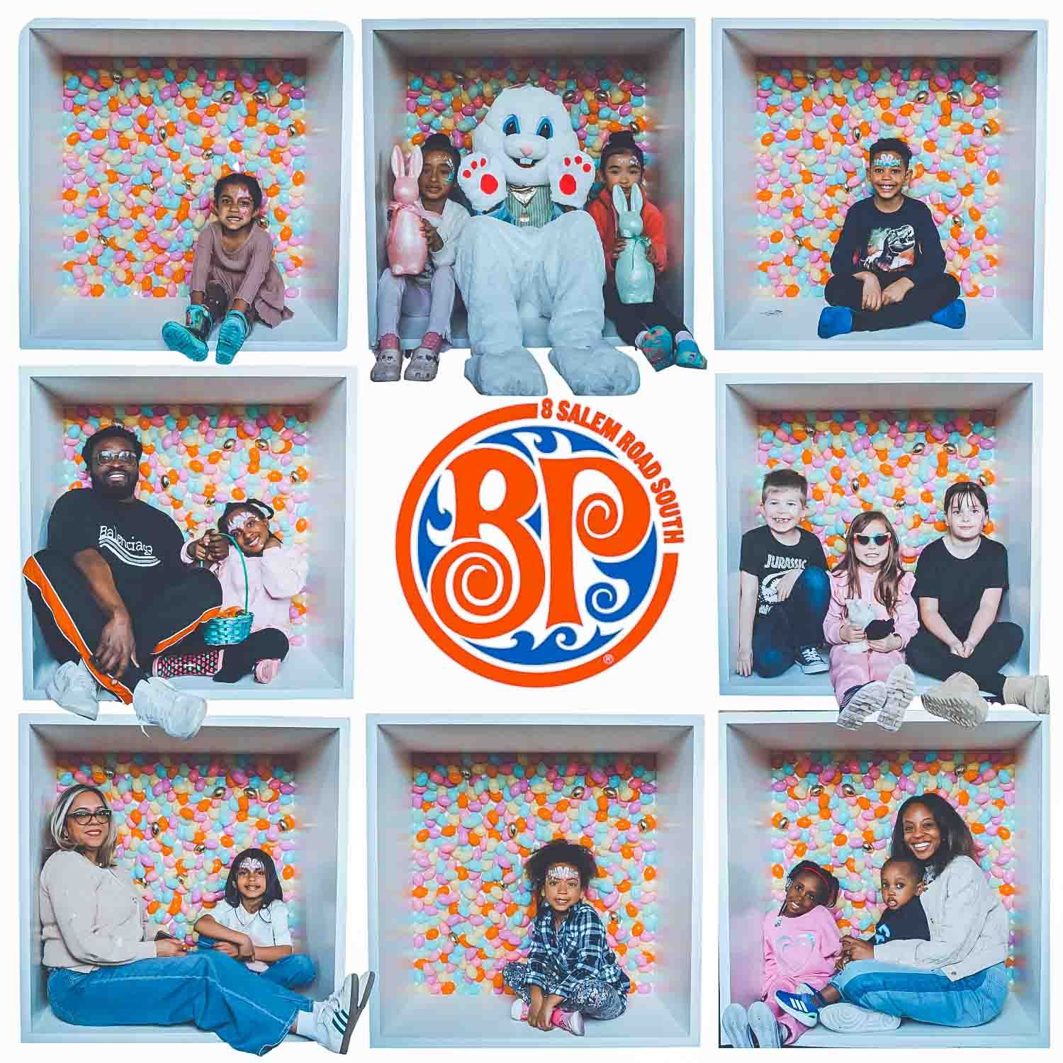 Photo booth strip with orange floral pattern background showing various casual poses.