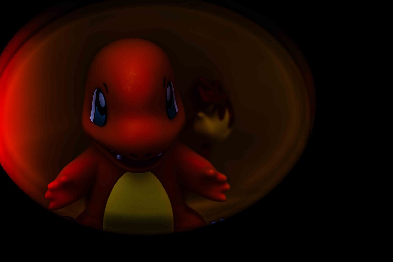 3D render of Charmander Pokemon figure in dramatic dark vignette lighting showing orange fire lizard with blue eyes.