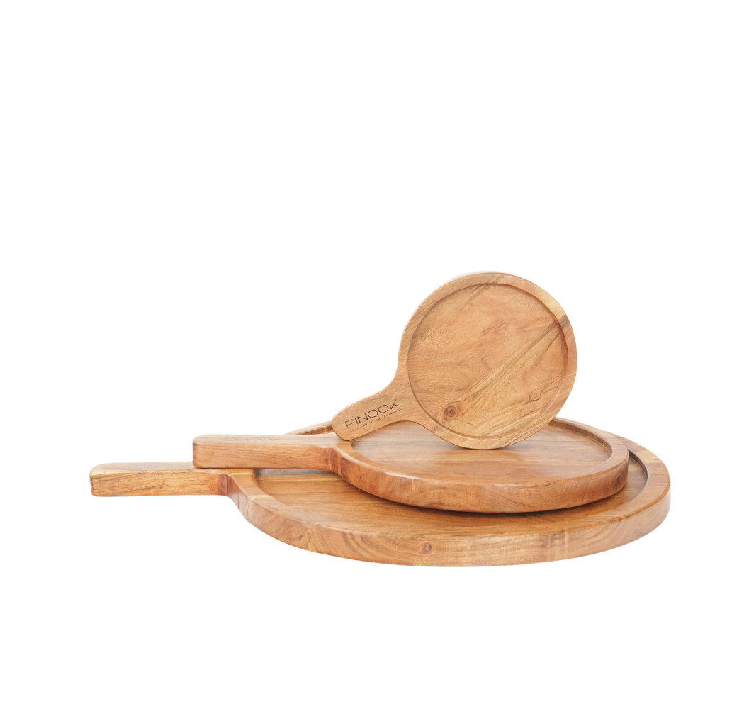 Set of three round wooden serving boards with handles, crafted from natural acacia wood, perfect for charcuterie and entertaining.