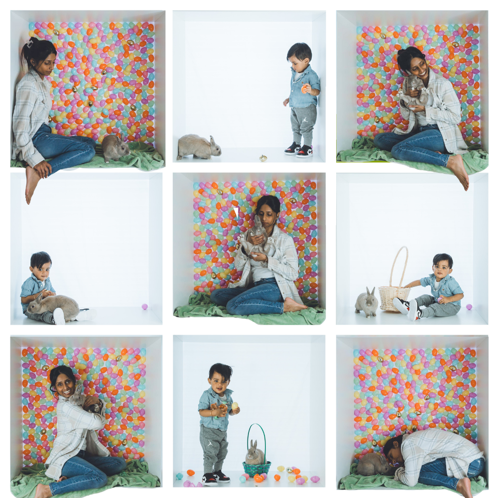 Series of Easter-themed lifestyle photos with floral backdrop and basket props.