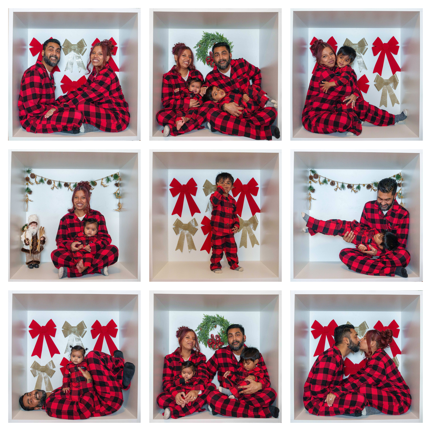 Collection of festive holiday photos featuring buffalo plaid matching pajamas and Christmas decorations.
