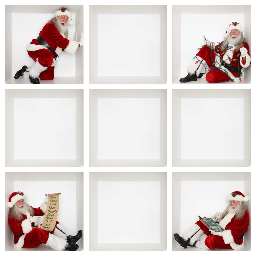 Series of Christmas themed photos with Santa Claus figures and holiday decorations.