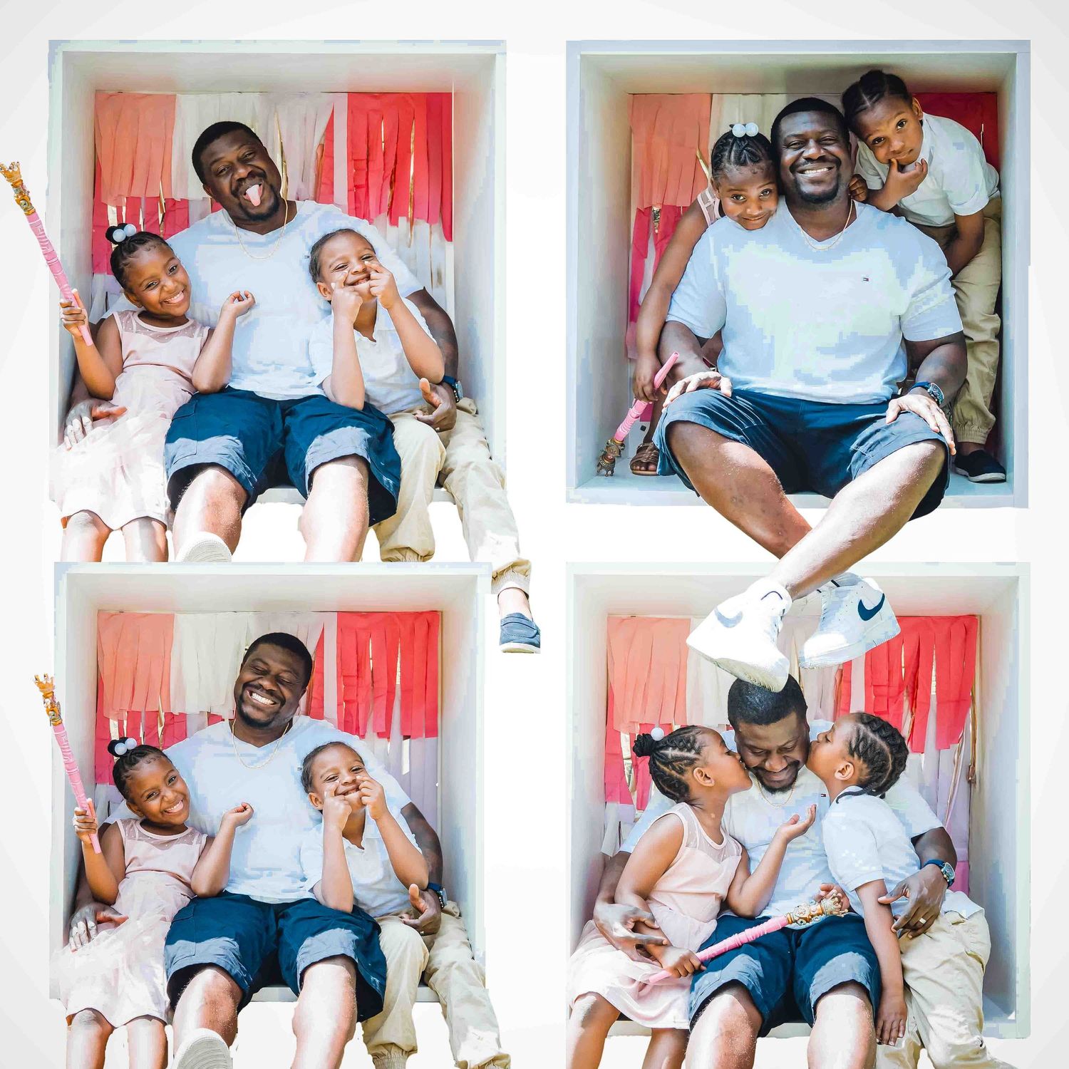 Family photo series on white background showing playful moments and interactions.