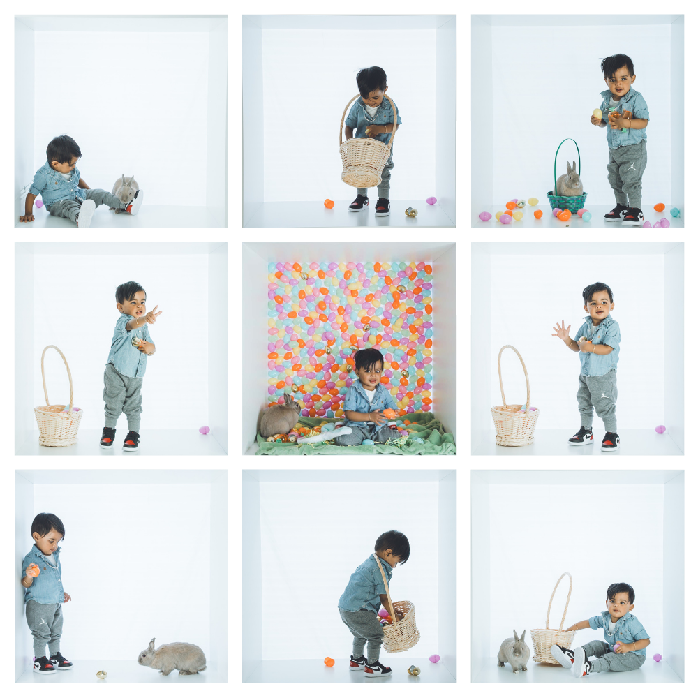 Child plays with toys on floor in studio with floral patterned backdrop.