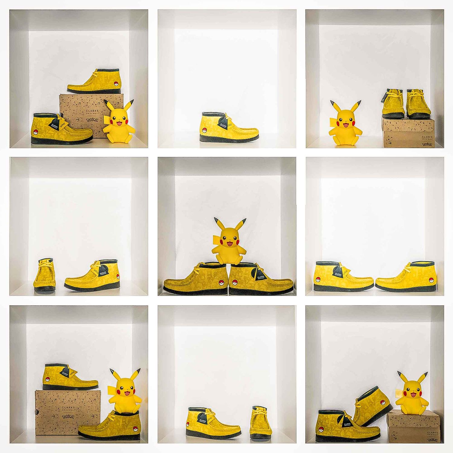 Yellow Pokemon boots and Pikachu collectibles arranged in retail display grid.