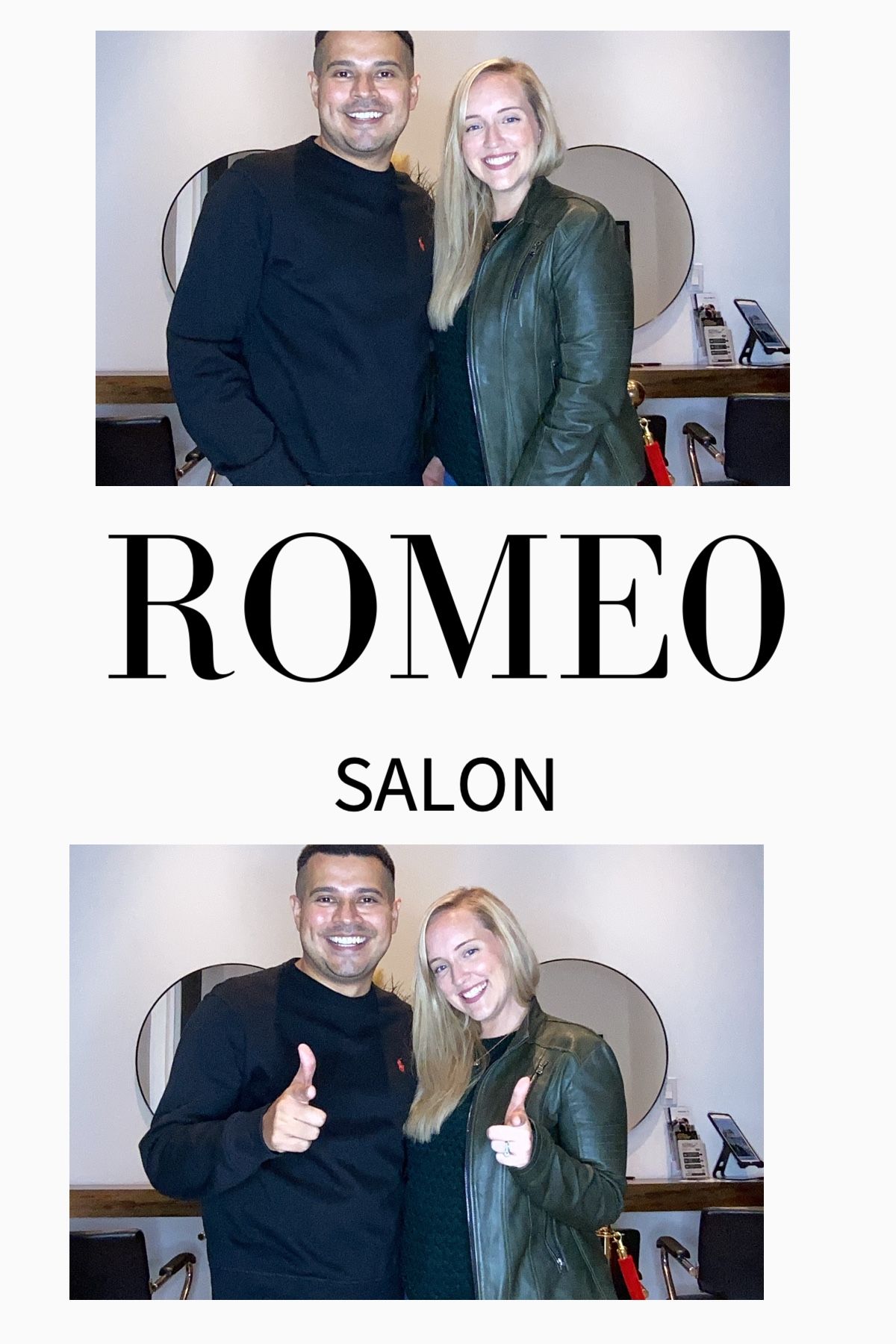 Two people pose together at Romeo Salon, showing thumbs up in the second photo.