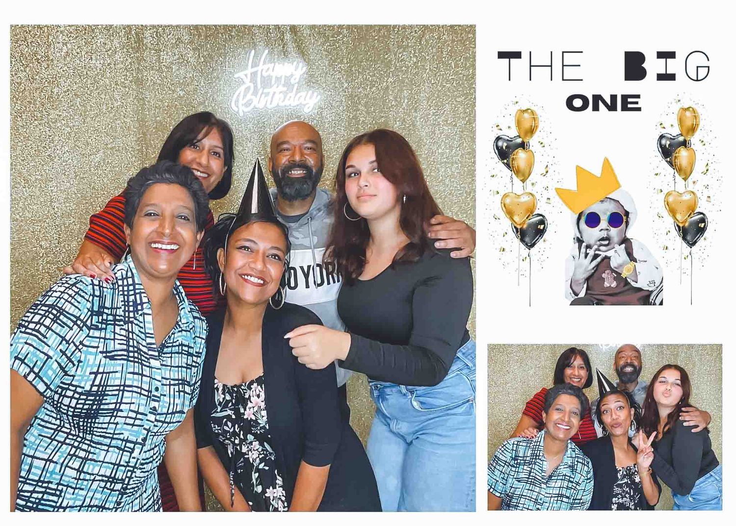Group photos showing friends celebrating together against a sparkly backdrop.