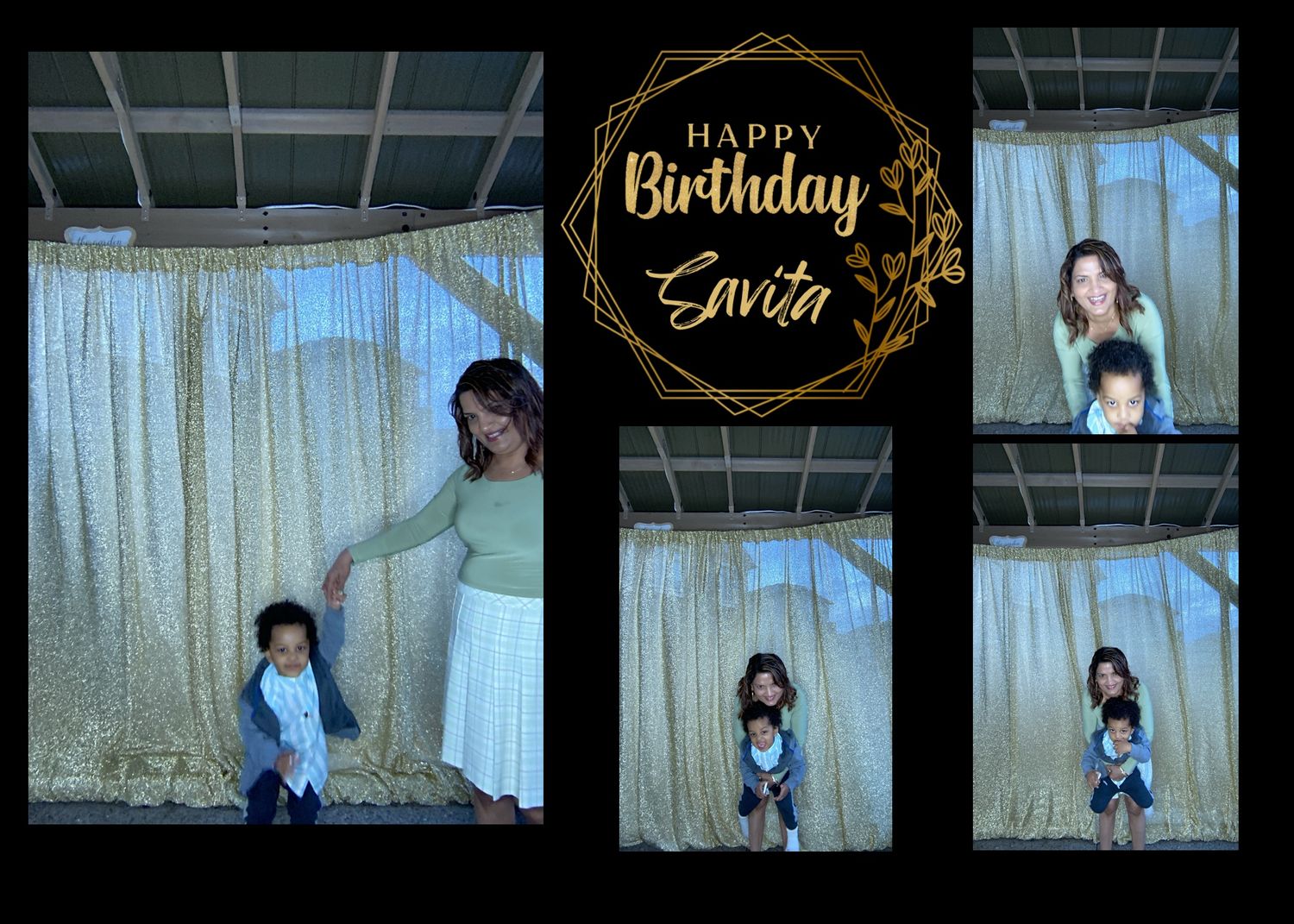 Birthday celebration photos with decorative gold text overlays in an event space.