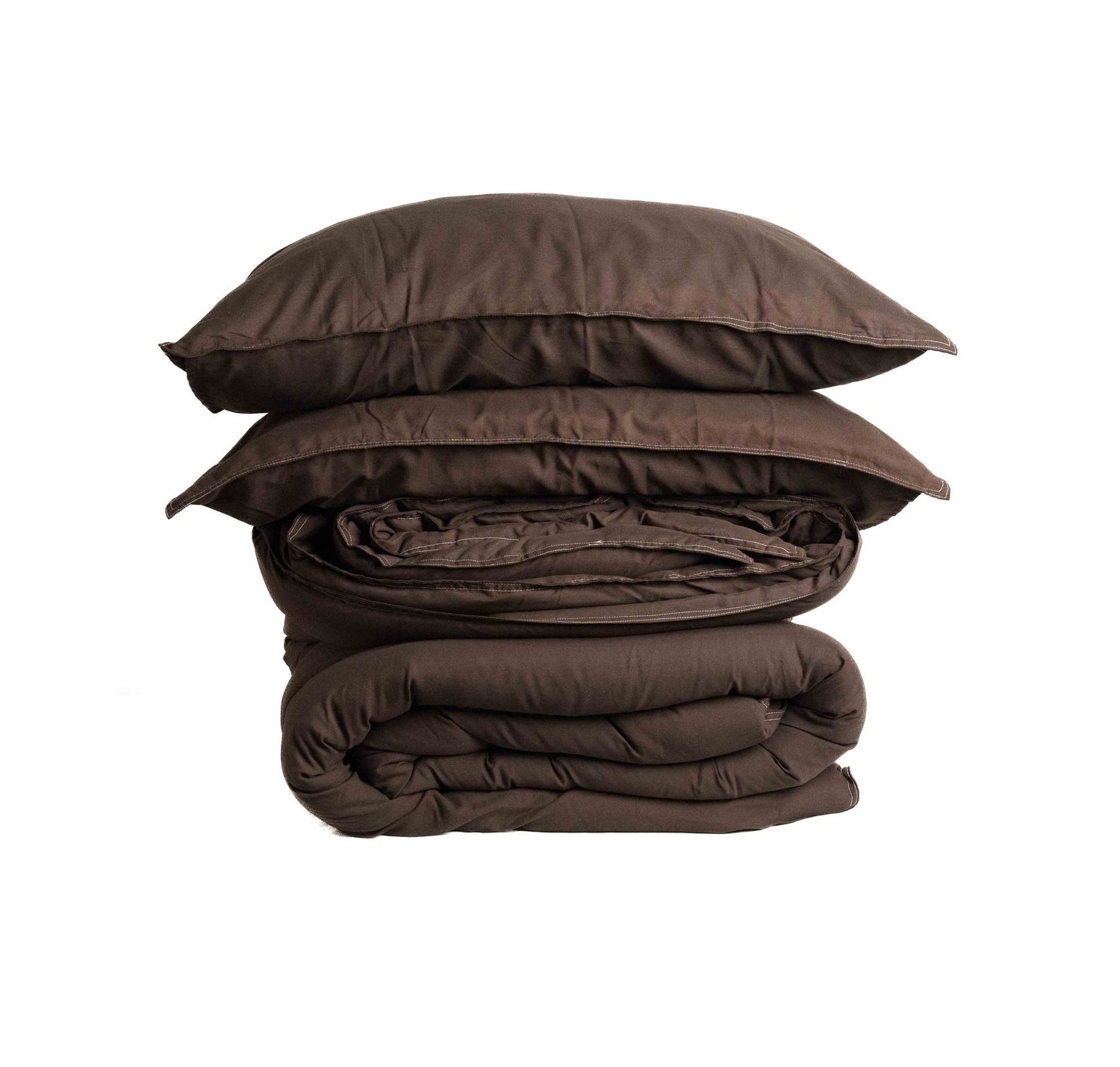 Dark brown bedding set neatly folded, featuring two pillows and a soft comforter on a white background.
