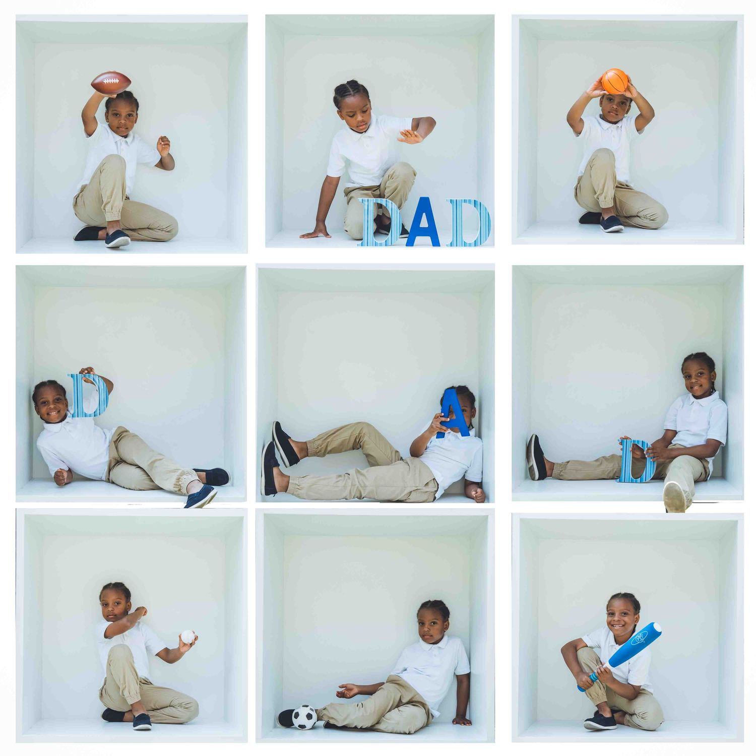 Collection of casual lifestyle photos showing relaxed poses against white backdrop.