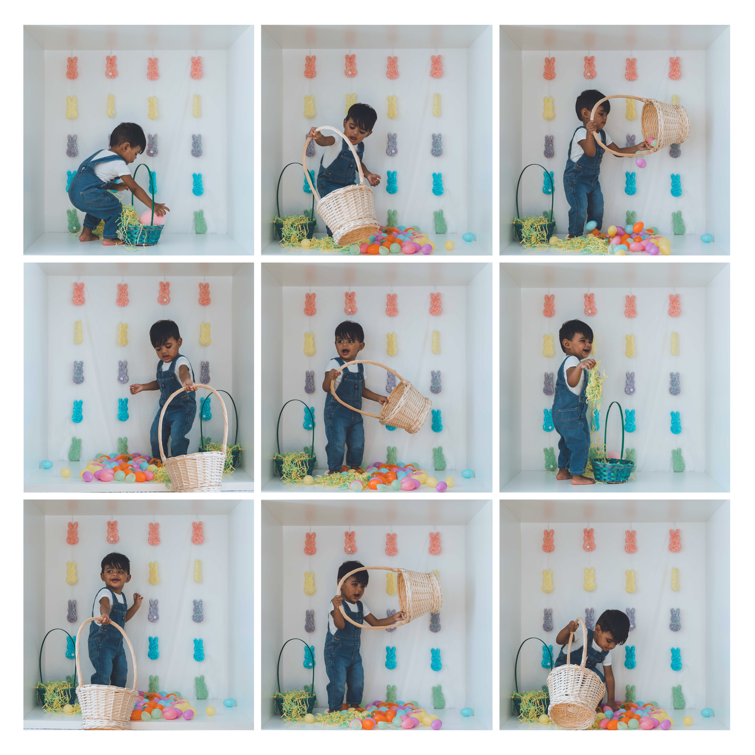 Grid of photos showing colorful Easter egg decorating activities against a white background.