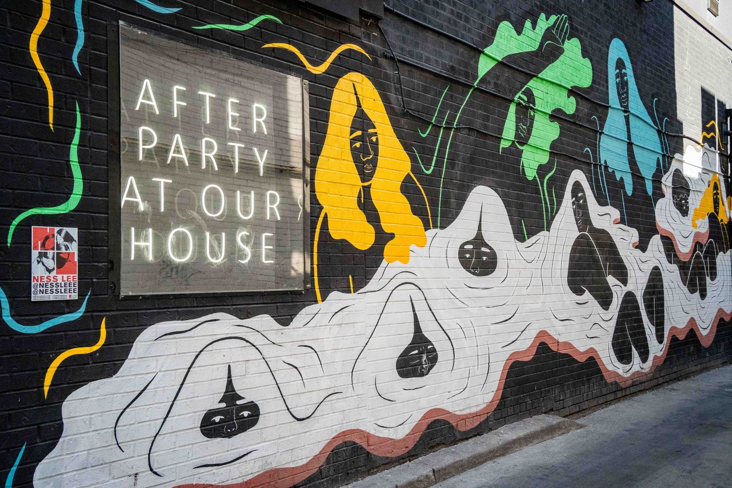 Black wall mural with text reading 'AFTER PARTY HOUSE' and stylized dancing figures.