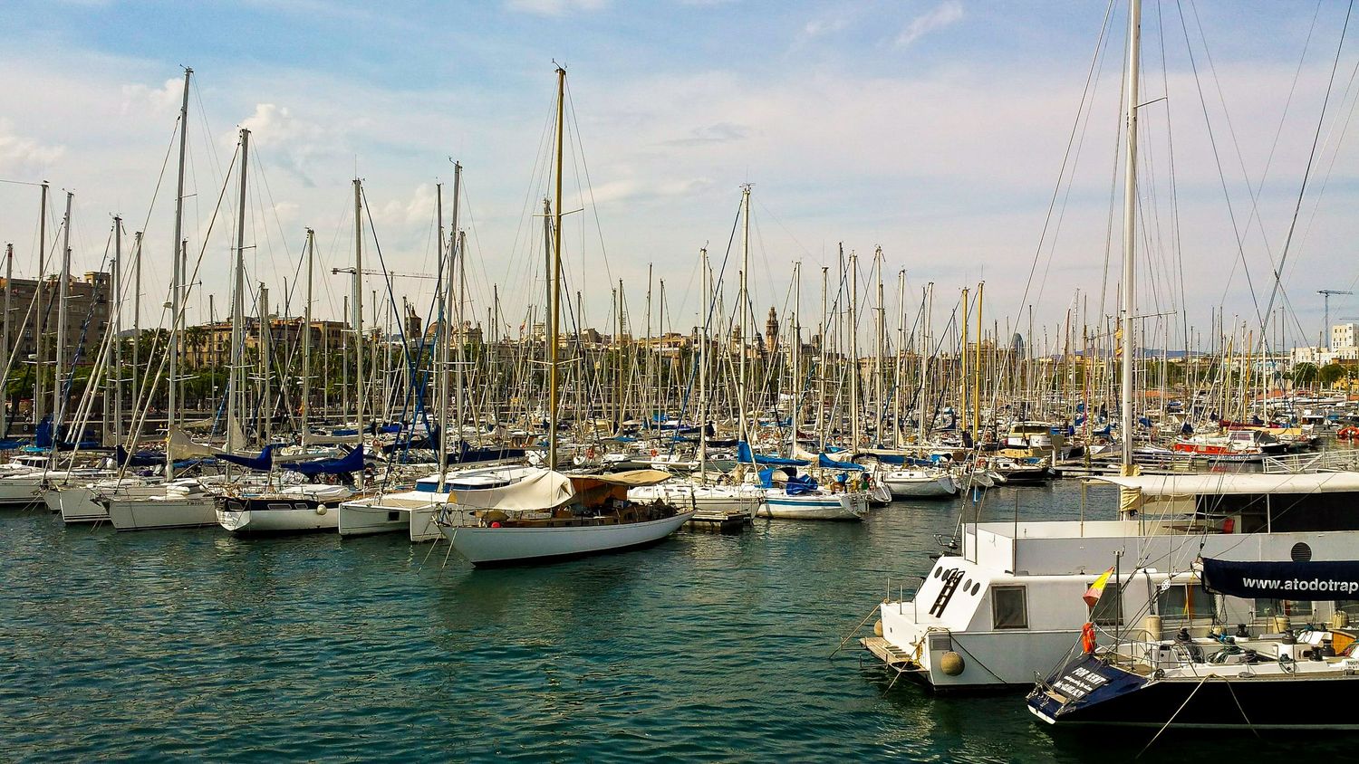 Marina filled with sailboats and yachts moored in calm waters under cloudy skies.