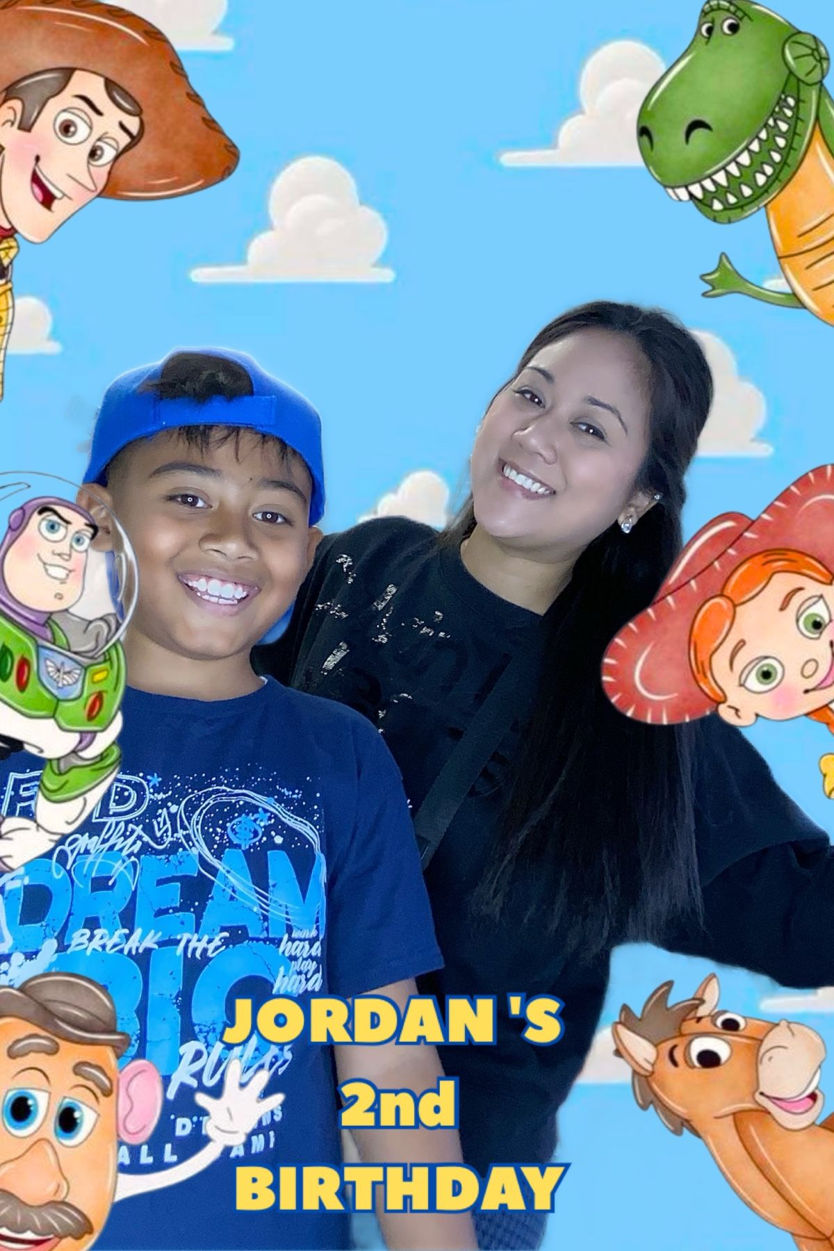 Birthday celebration banner with Toy Story themed cartoon characters and decorative text.