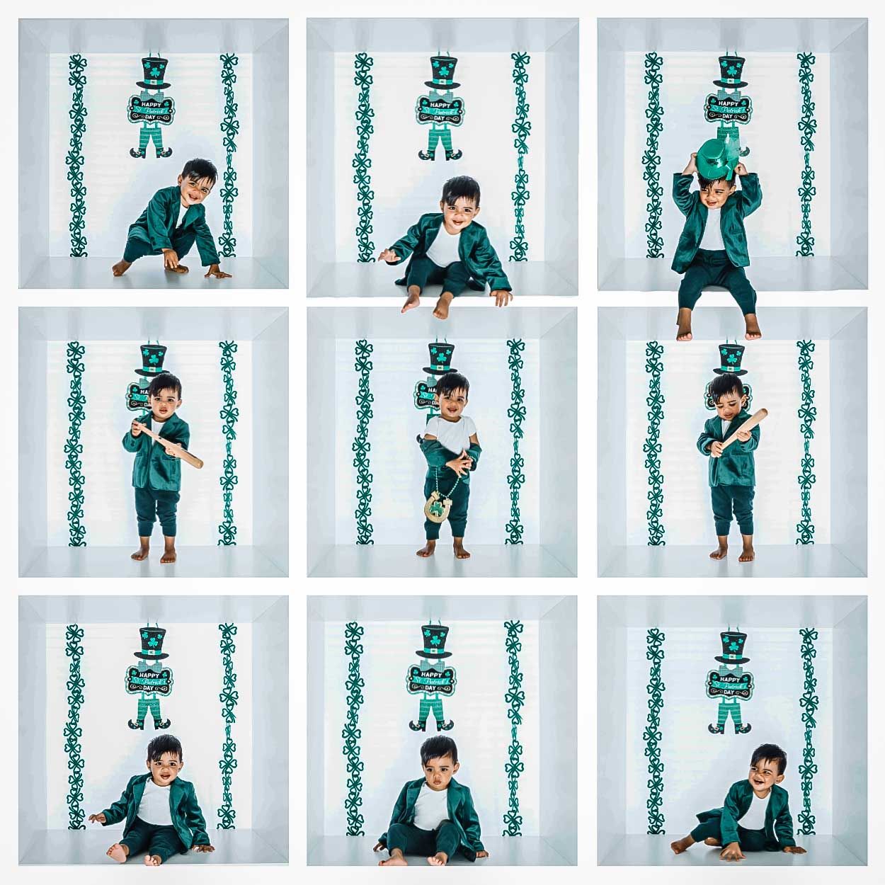 Nine-panel photo series showing playful poses against a white backdrop with teal floral decorations.