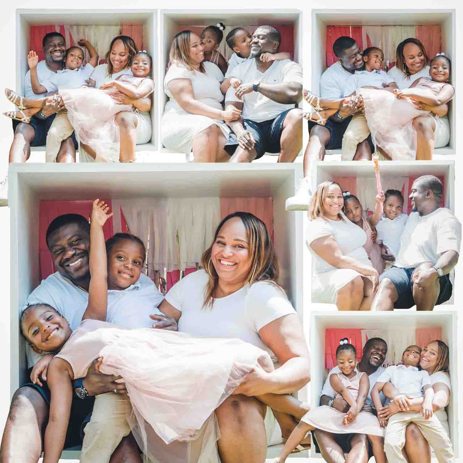 Candid family photo collection showing joyful moments on white background.