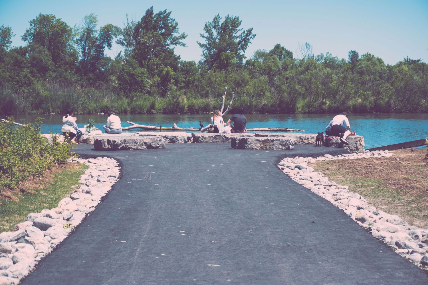 Panoramic view of a lakeside path with trees and boats visible in the distance.