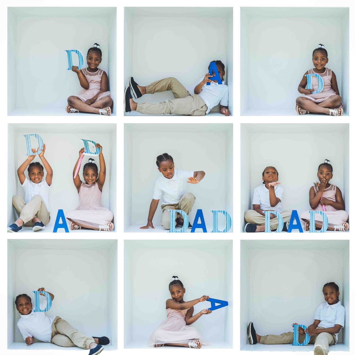 Series of studio portraits with blue letter props against white background.