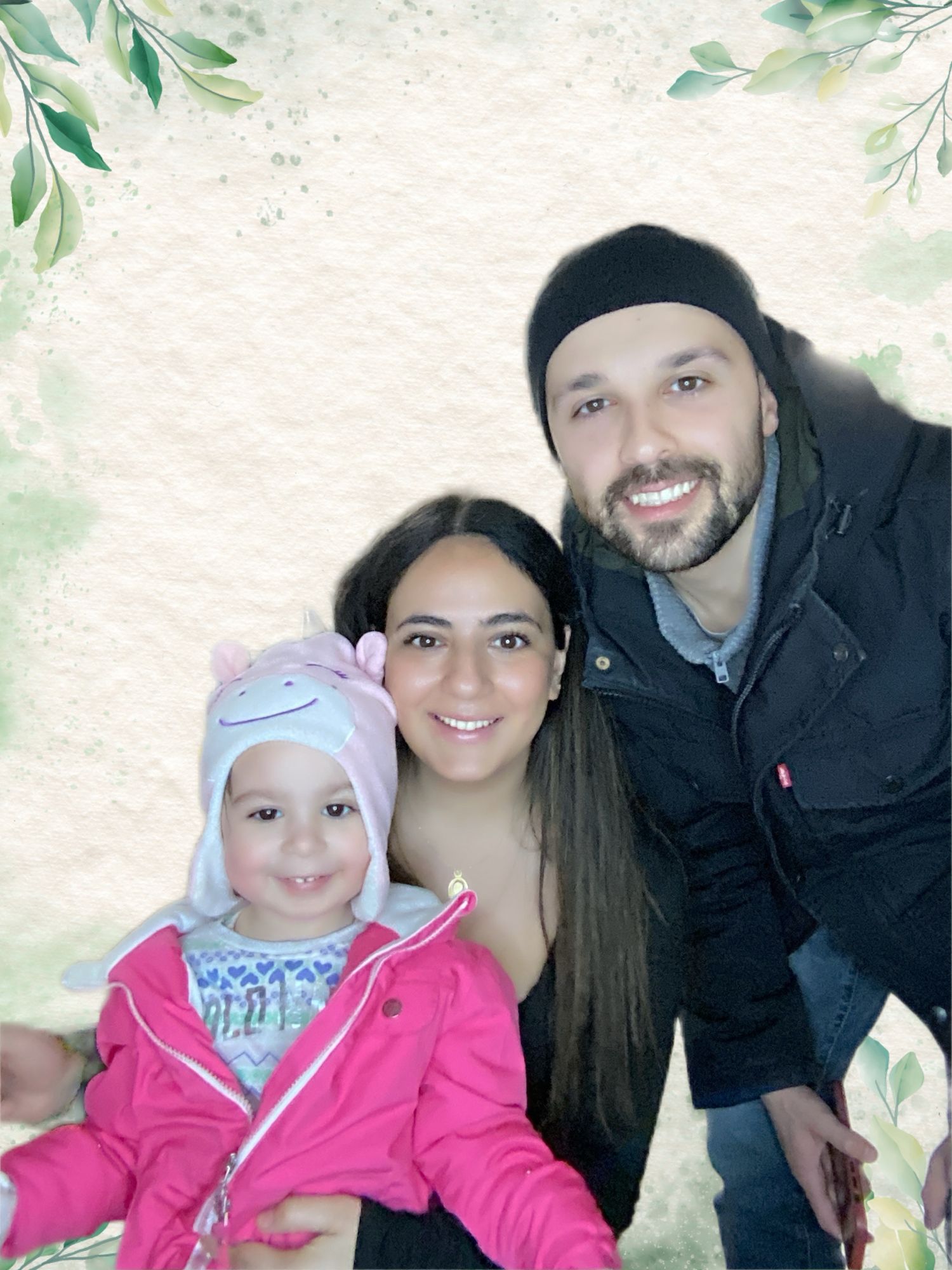Winter outdoor photos with pink coats and knit hats against a snowy nature background.