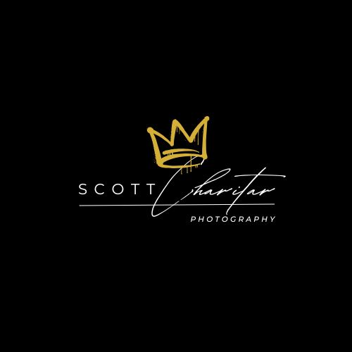Sleek black logo design featuring a crown symbol and elegant signature-style text for Scott Photography.