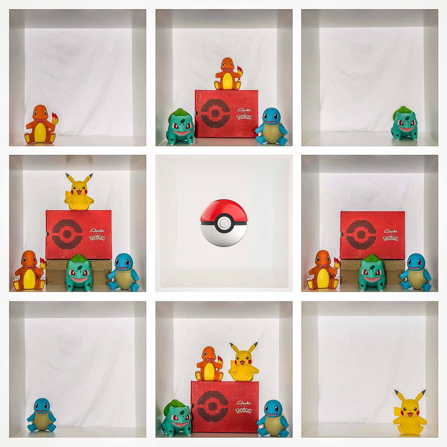 A creative grid photo arrangement featuring Pokemon toys including Pikachu, Charmander and Squirtle with a Pokeball.
