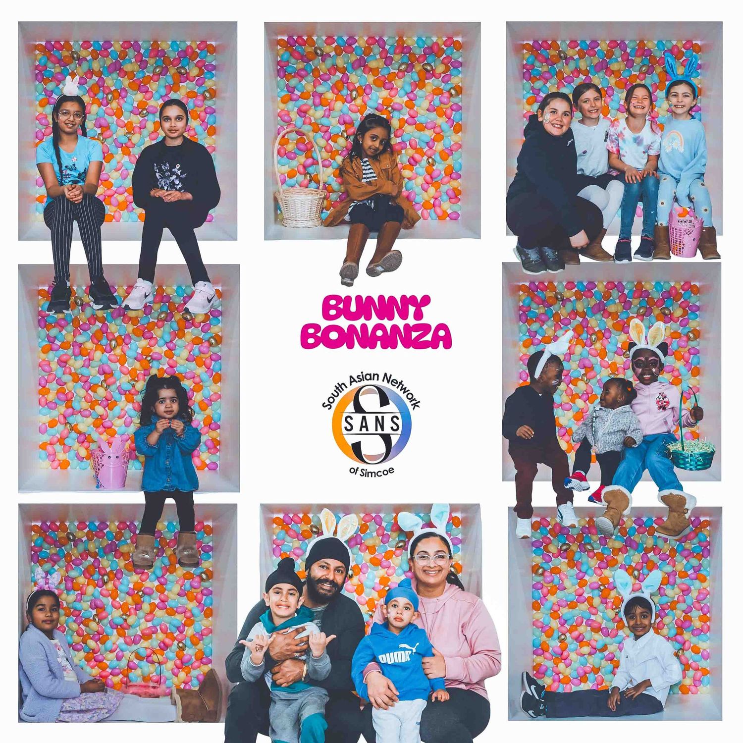 Photo session compilation showing multiple groups posed against a colorful flower wall.