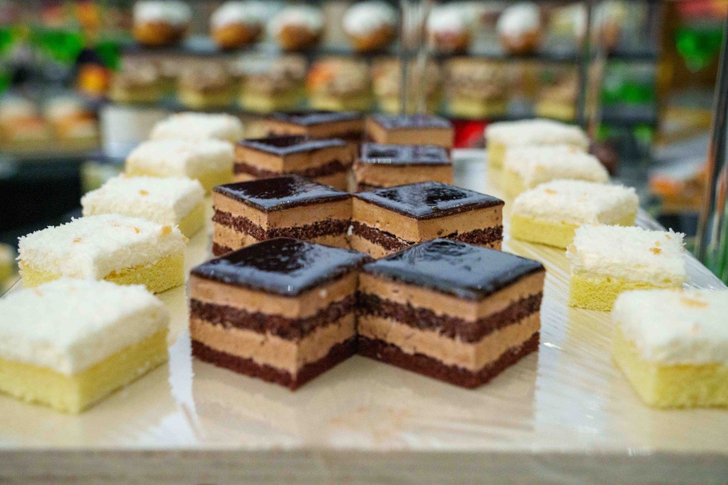Assorted layered dessert bars with chocolate and vanilla variations displayed in rows.