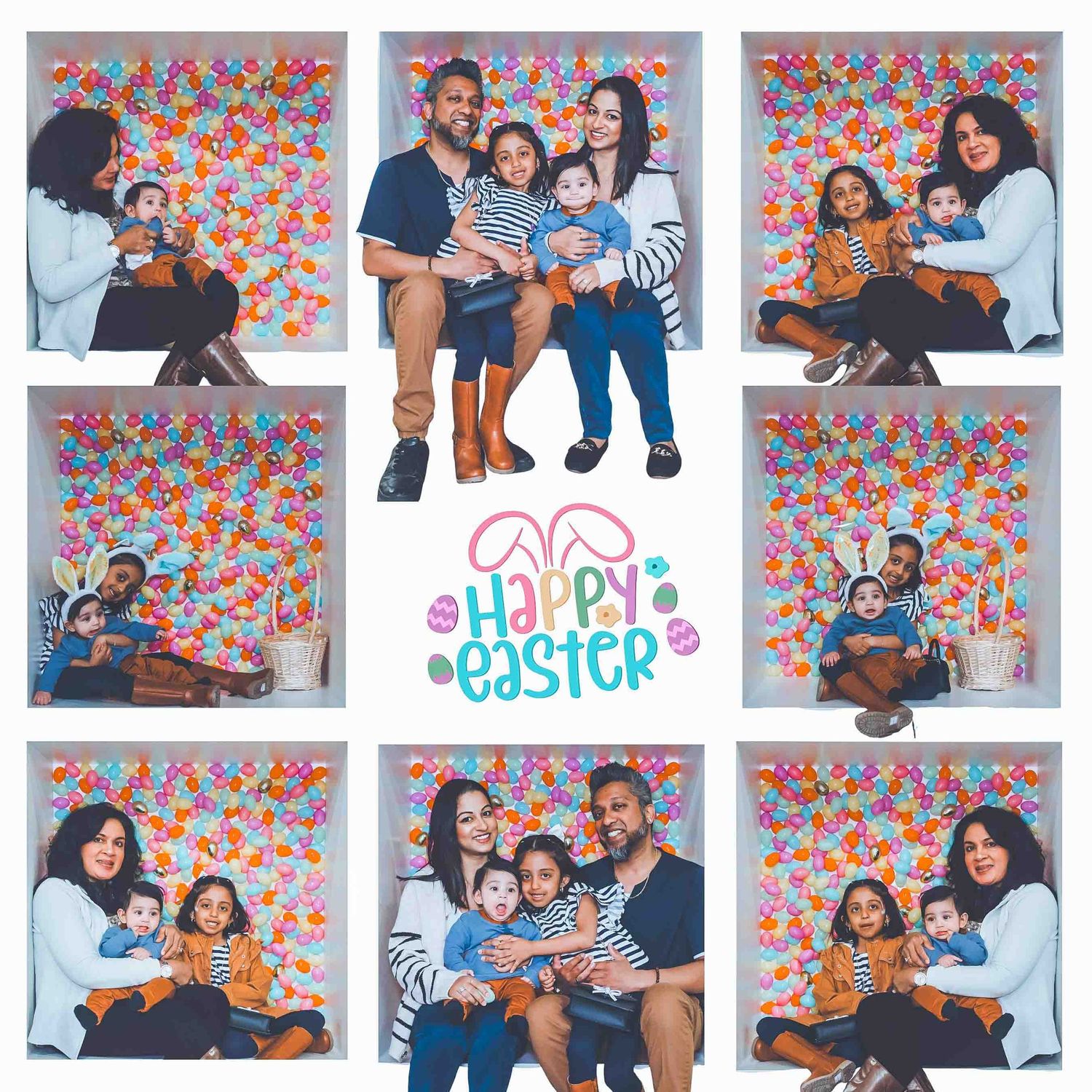 Collection of photo booth shots featuring groups against a vibrant floral background.
