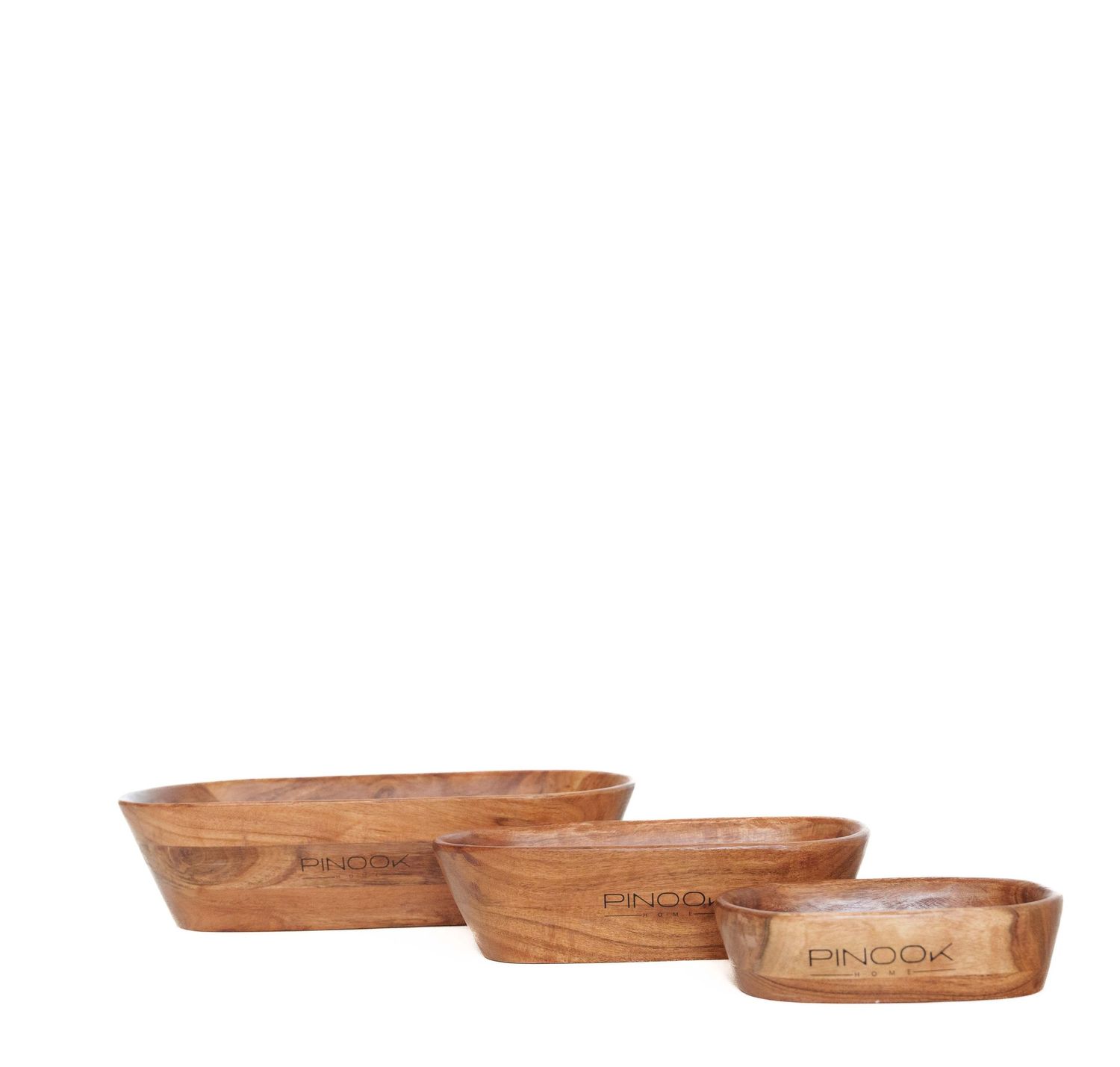 Set of three nested oval wooden serving bowls with natural grain finish, branded PINOOX, in graduated sizes.