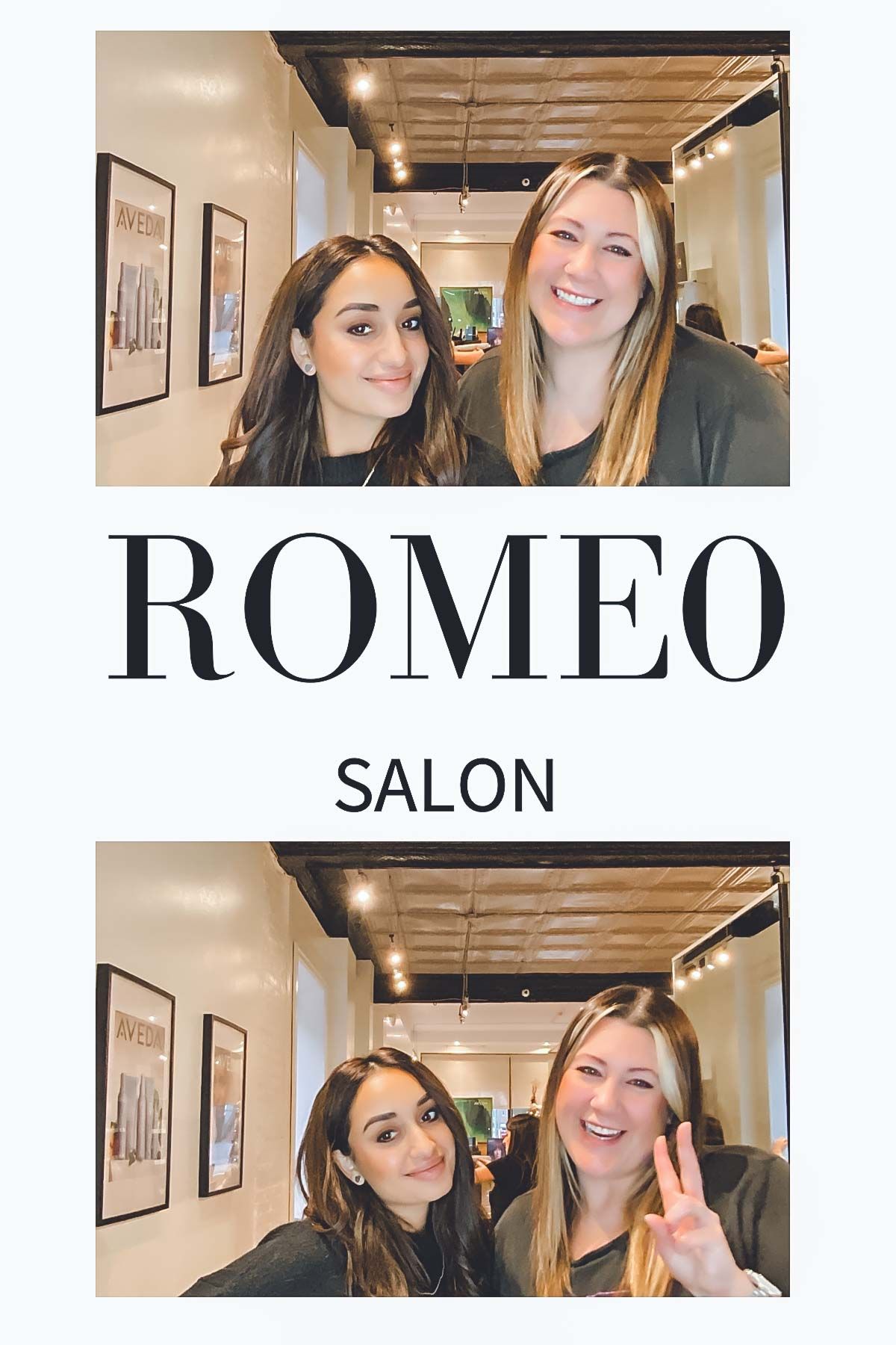 Professional salon staff members posing together inside Romeo Salon with Aveda branding visible.