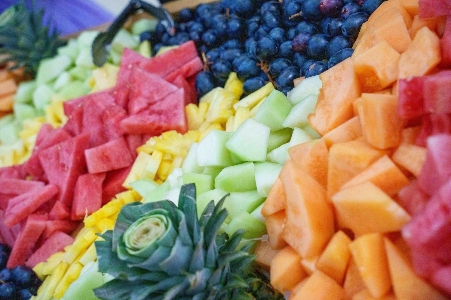 Colorful fruit platter with watermelon, blueberries, honeydew, pineapple, and cantaloupe arranged in vibrant rows.