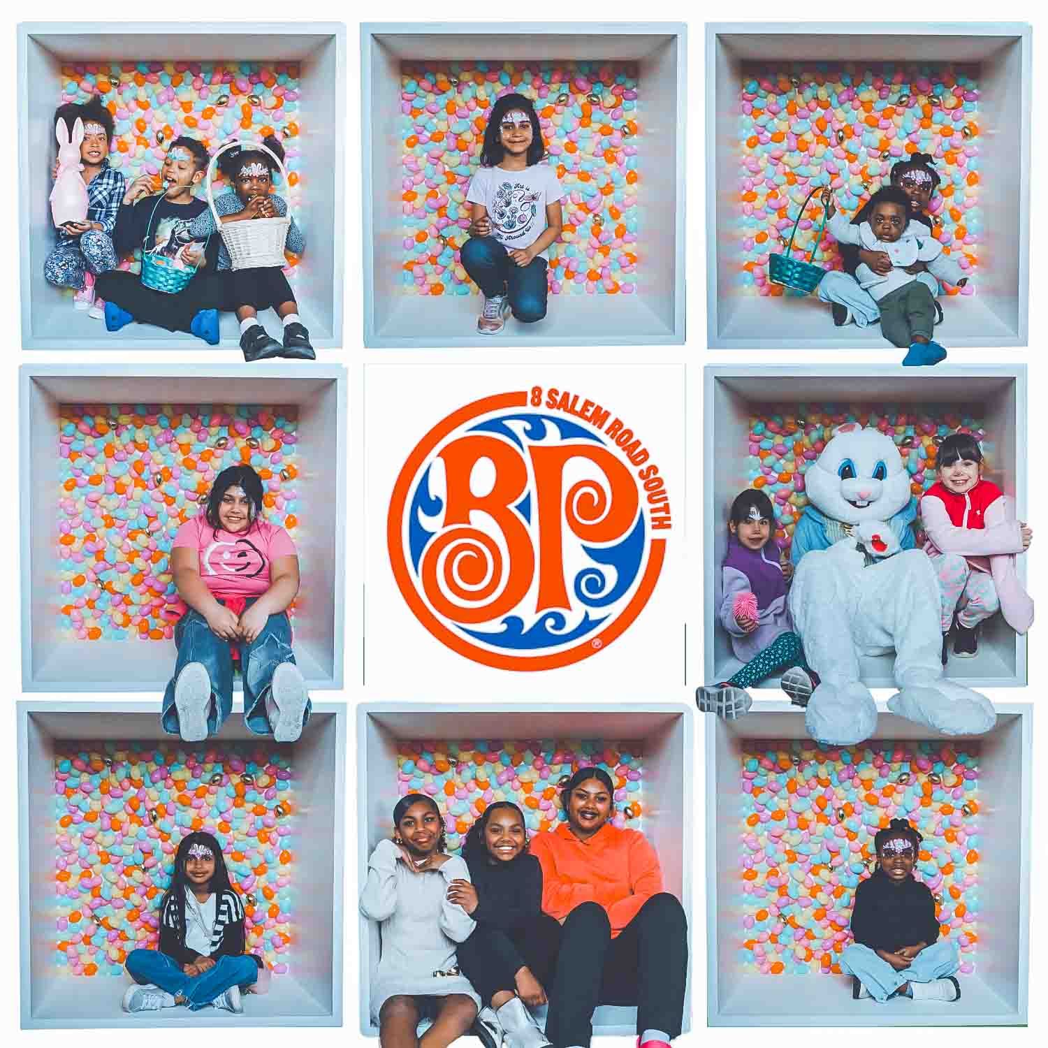 Series of photo booth shots with orange decorative elements and white display boxes.