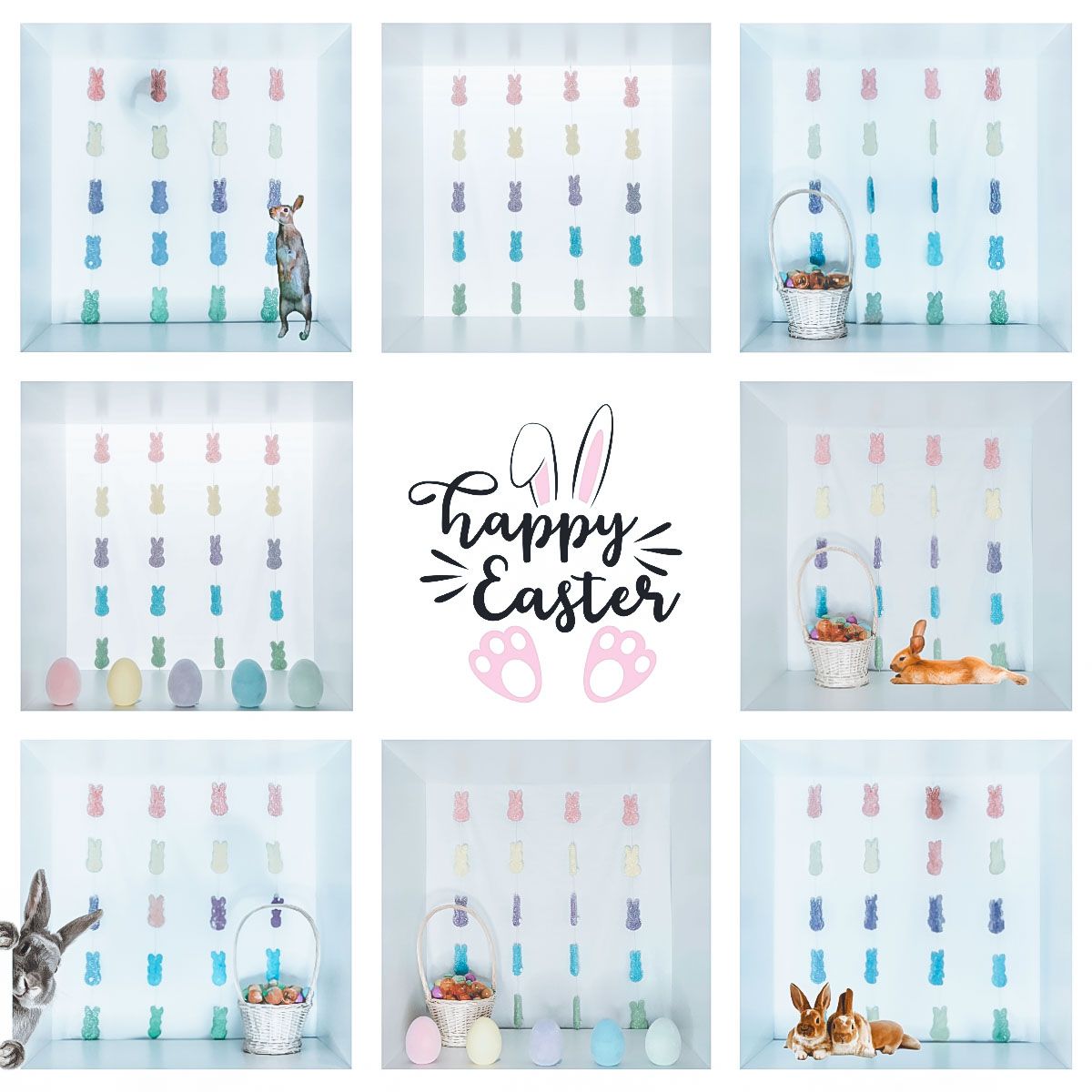 Easter-themed photo grid with bunnies, eggs, and decorations against white background.