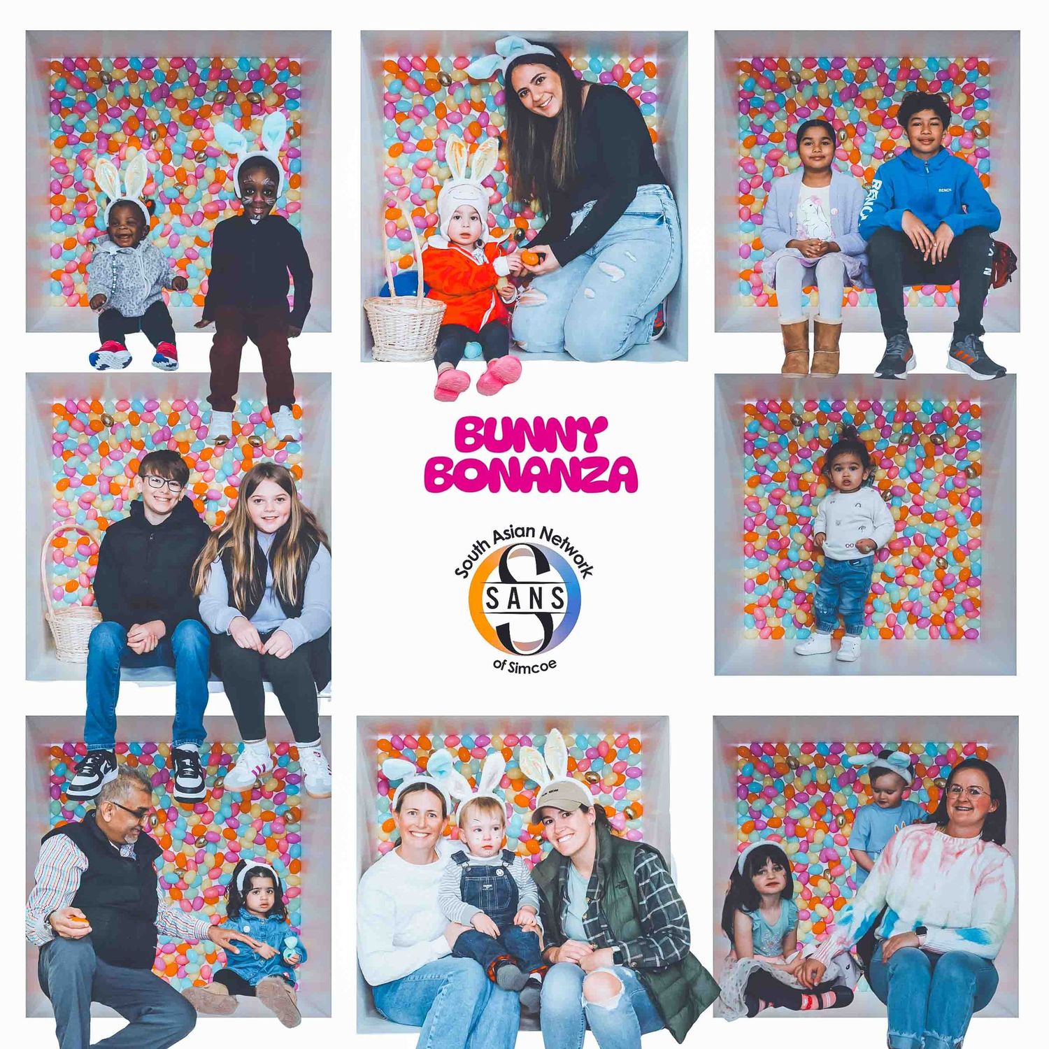 Series of casual portrait shots featuring a repeating floral wall pattern and Bunny Bonanza branding.