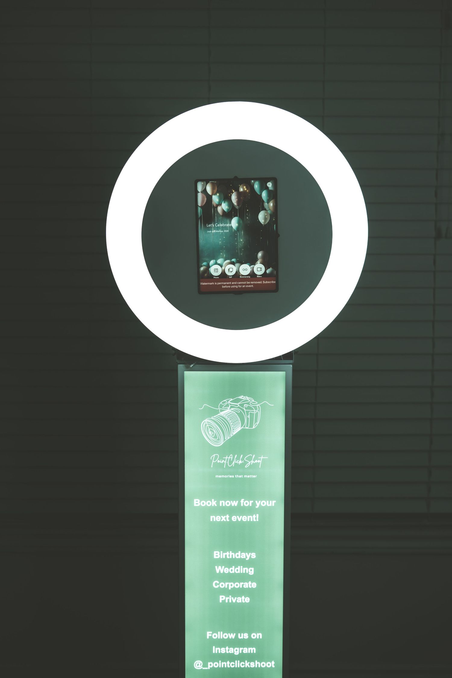 Series of photos showing a digital photo booth kiosk with green interface screen.