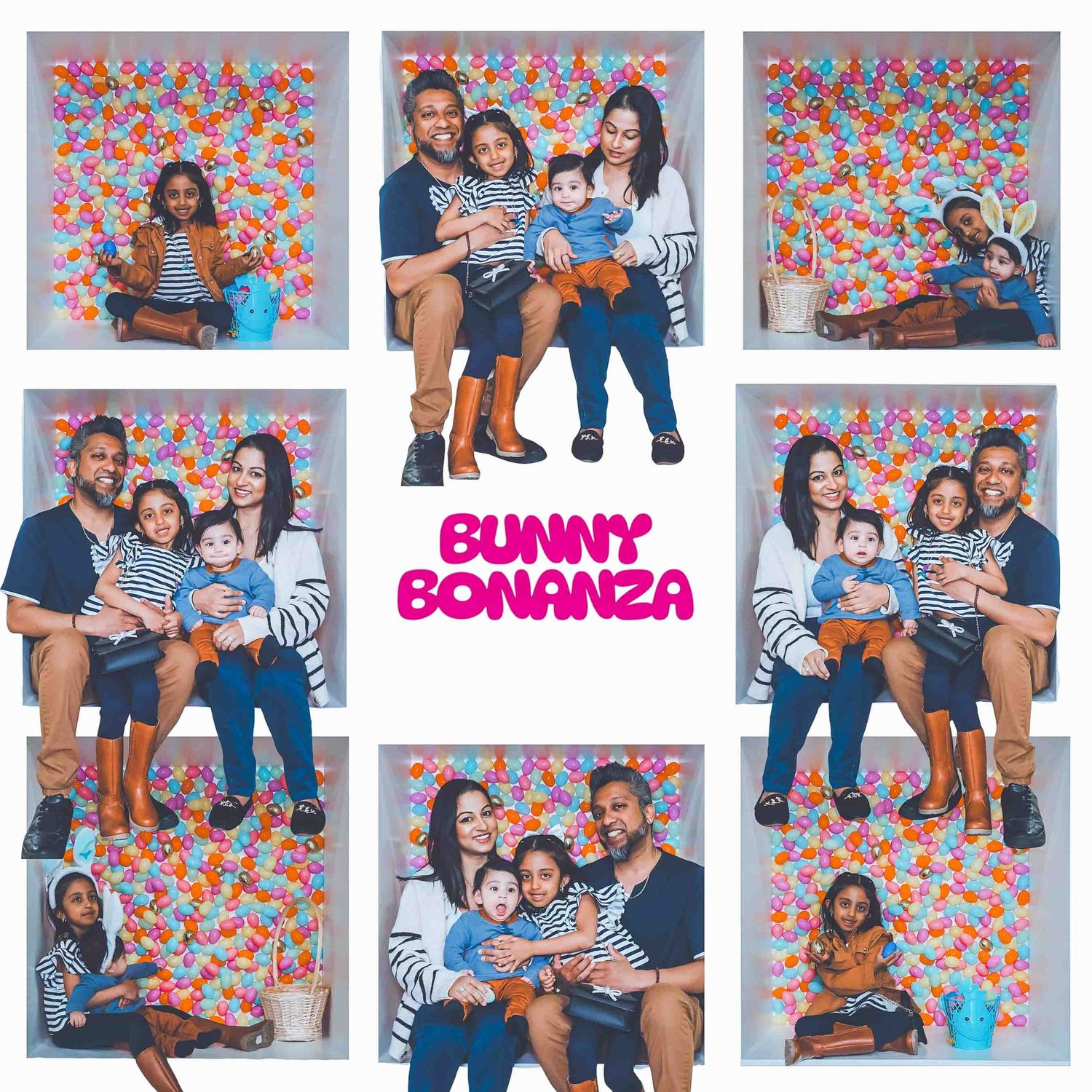 Collage of Easter-themed family photo session with floral backdrop and coordinated blue outfits.
