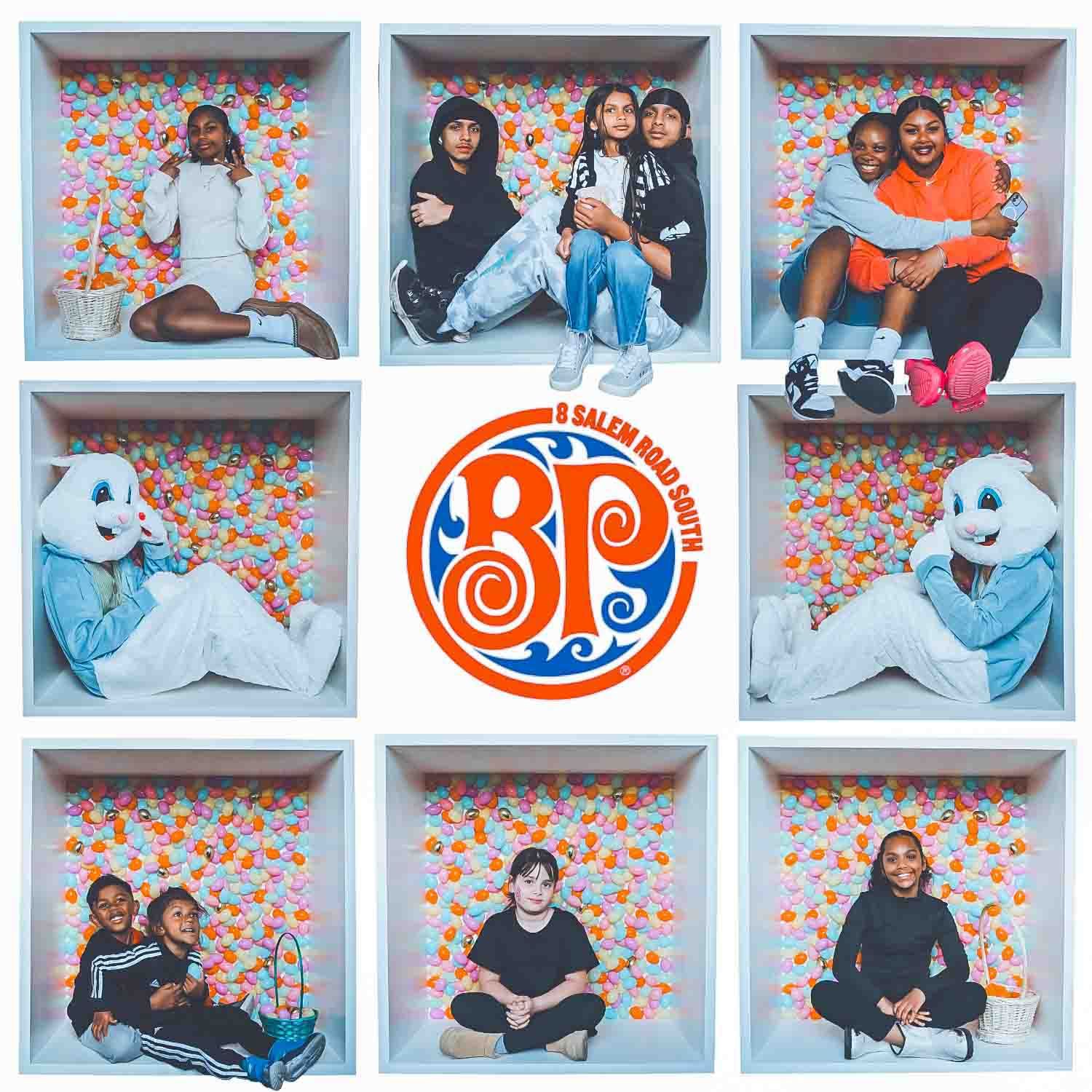 Photo series with orange circular logo and floral backdrop in studio setting.
