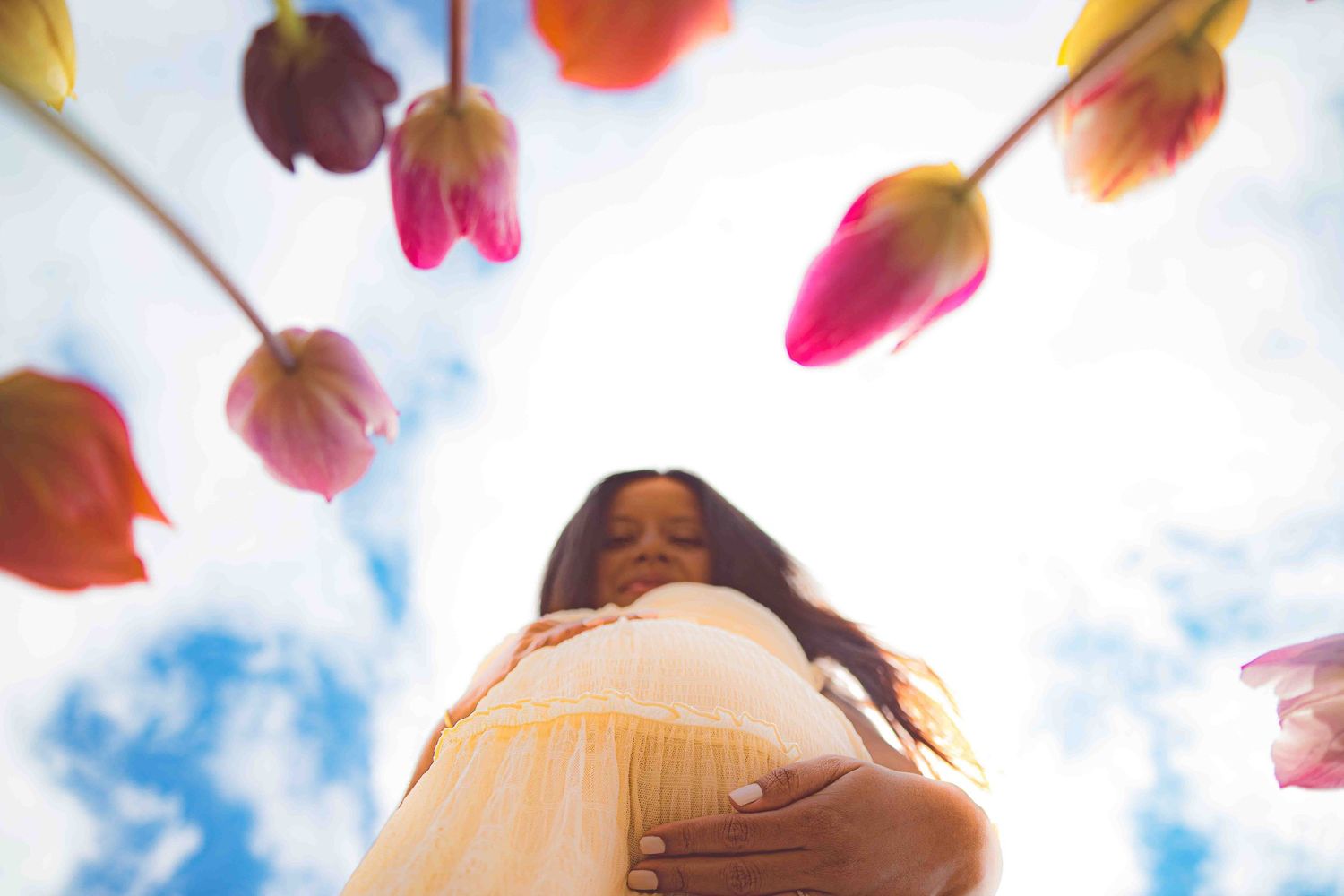 Looking up at pink tulips against blue sky with sunlight creating dreamy atmosphere.