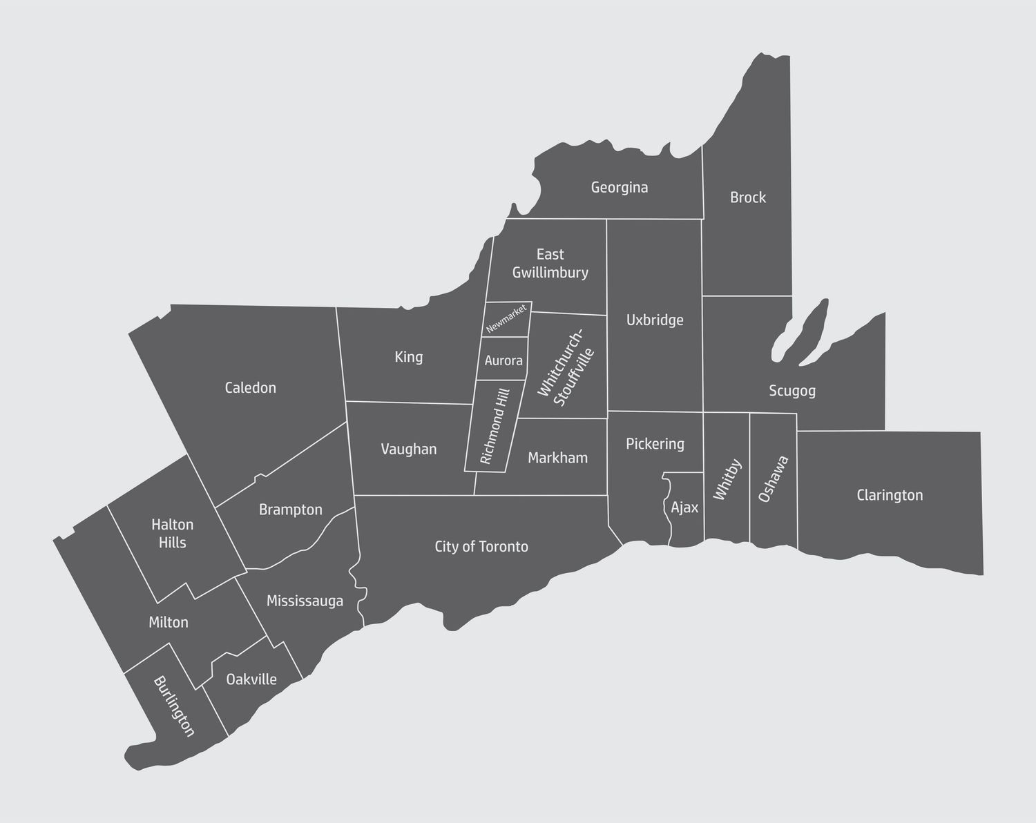 Map showing different neighborhoods and districts in the Greater Toronto Area in grayscale.
