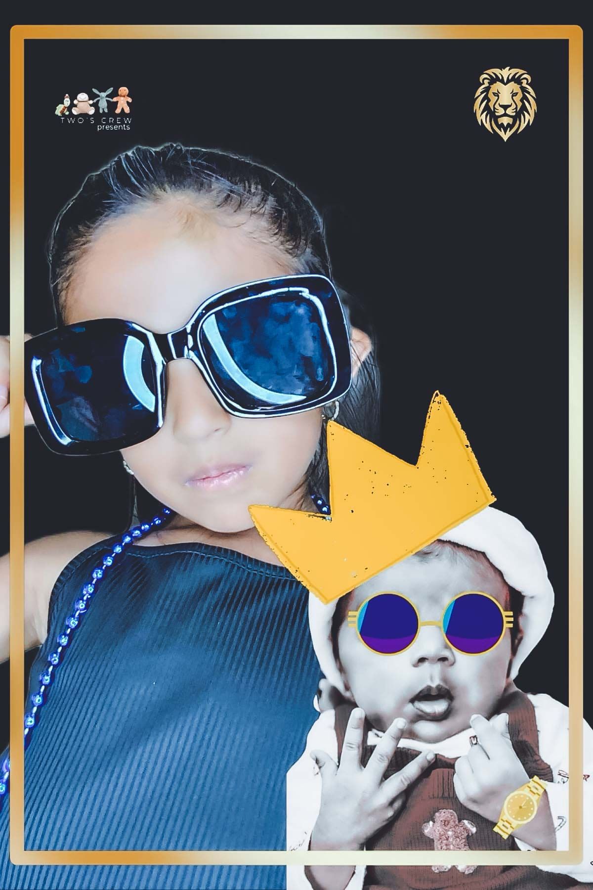 Stylized photo collage with blue sunglasses and yellow crown effects added to the images.
