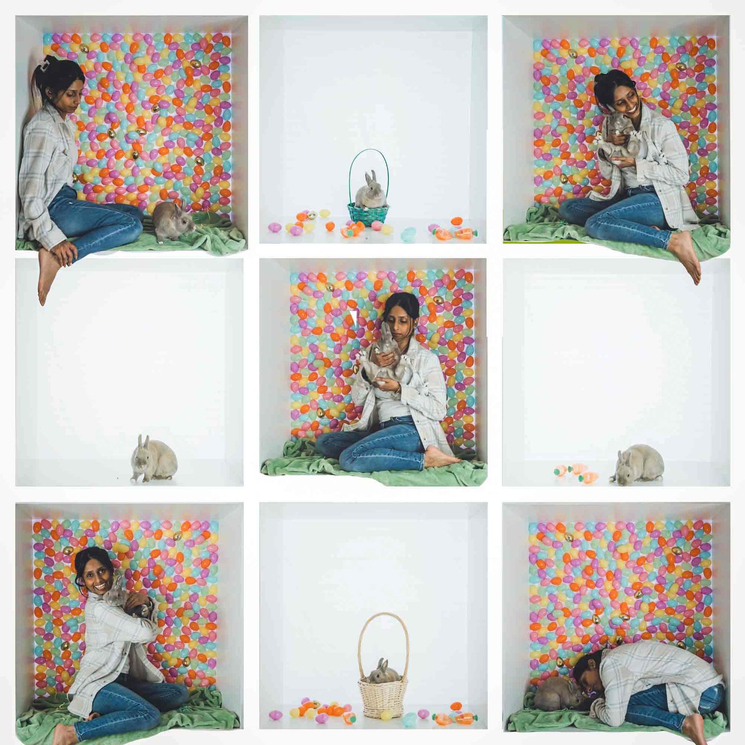 Photo series with floral backdrop featuring spring colors and bunny decorations.