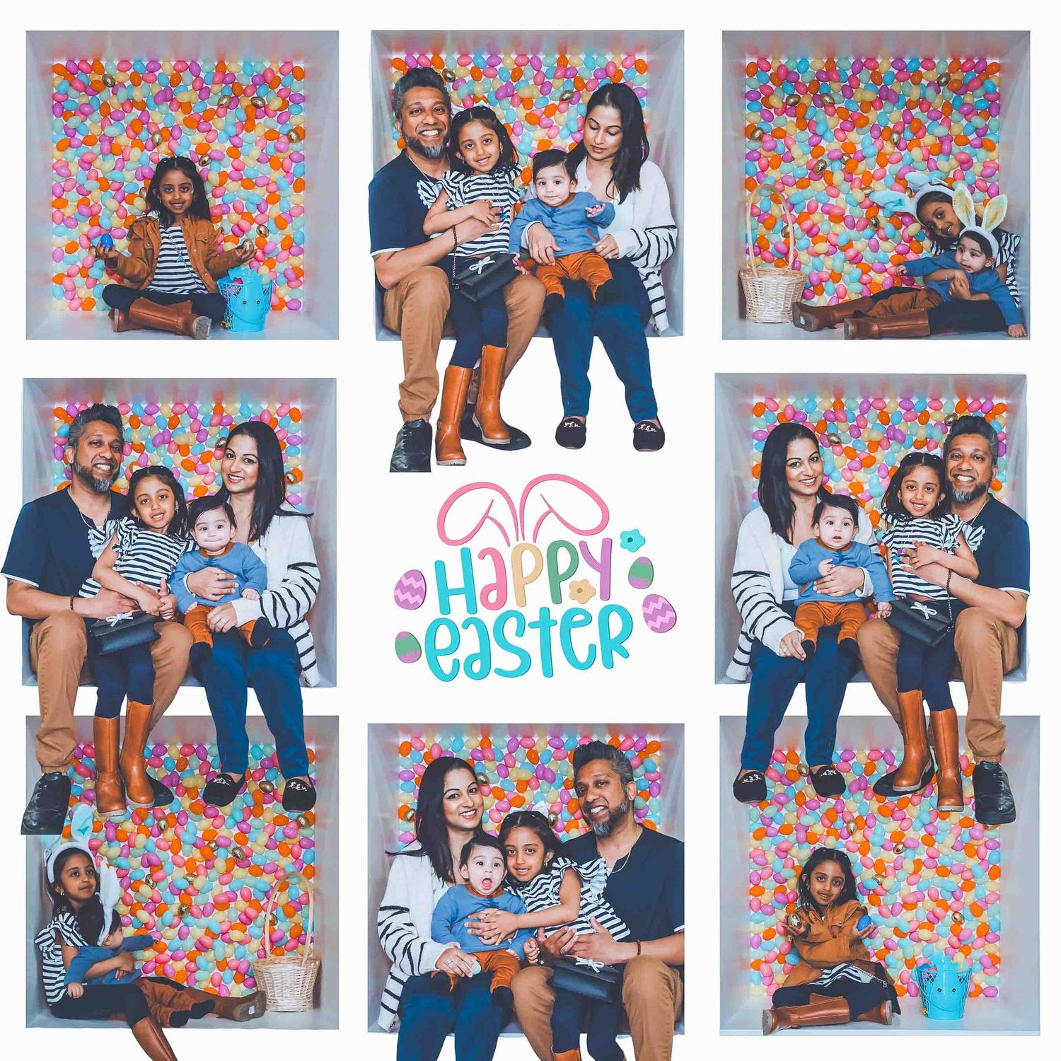 Easter photo session collage with text overlay and decorative butterfly background pattern.