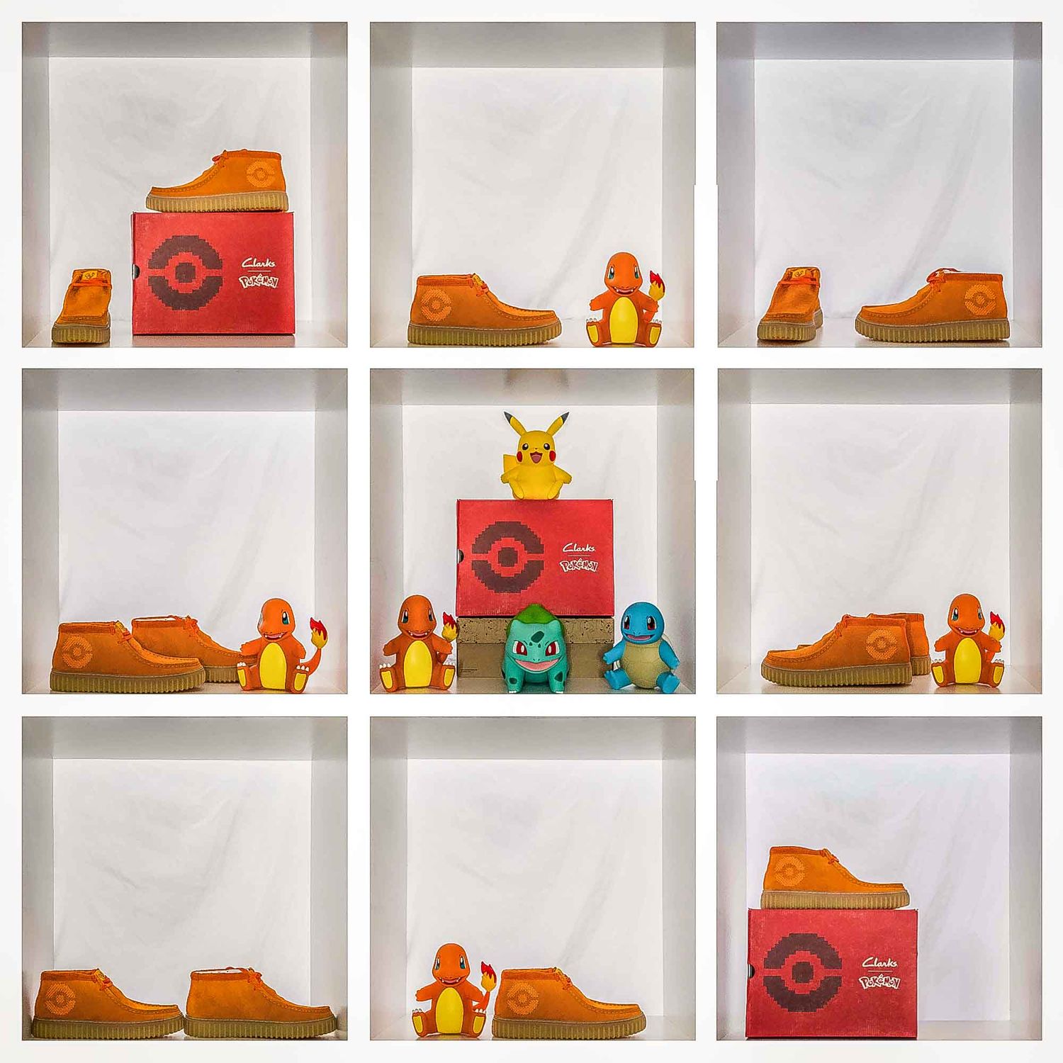 Collection of Pokemon-themed shoes and Pikachu toys displayed on white shelving units.