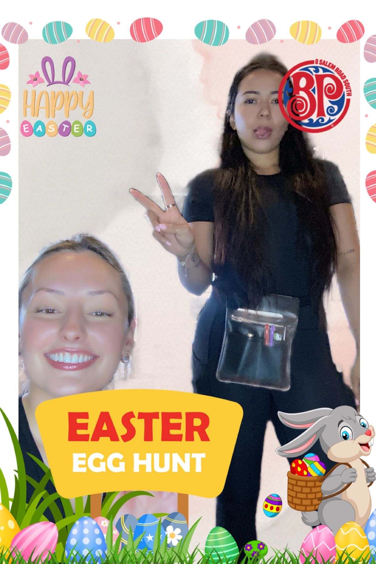 Easter themed photo collage with decorative egg hunt banners and bunny graphics.