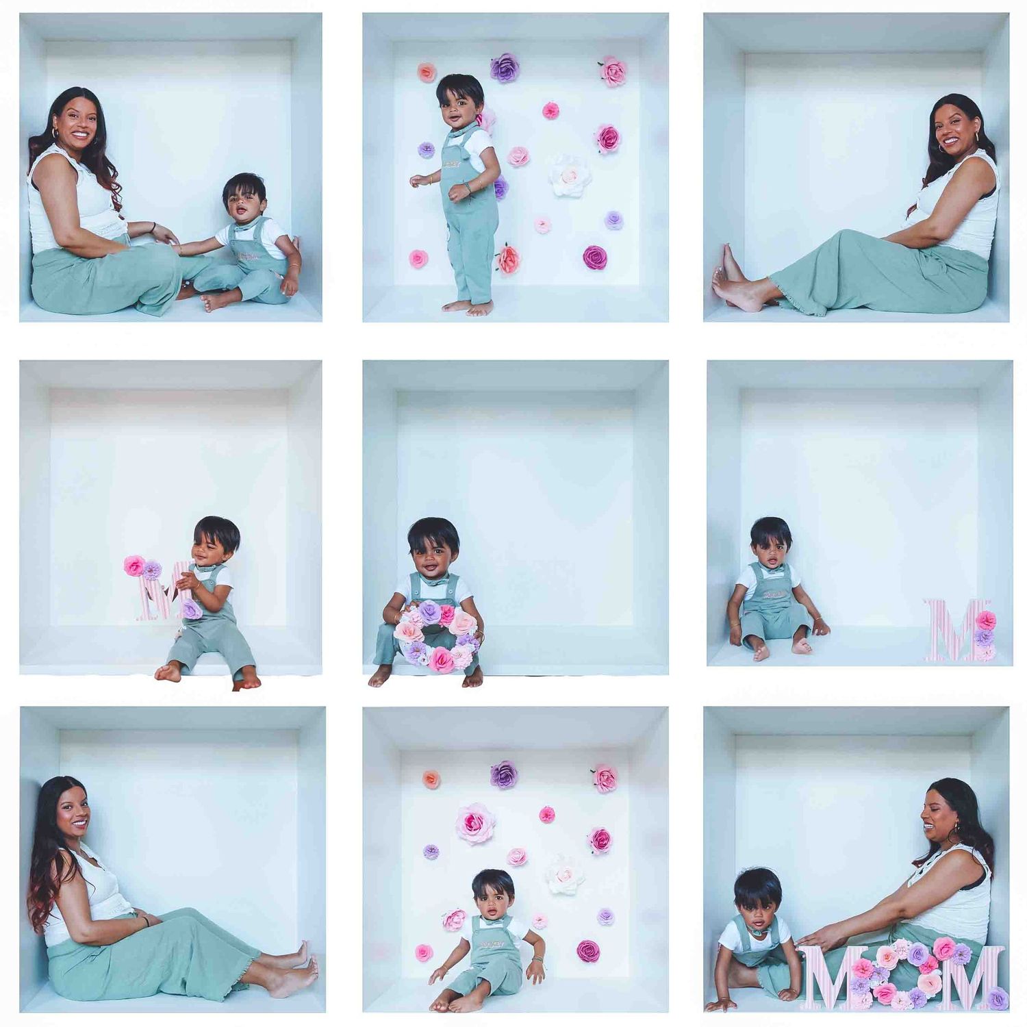 Photo booth collage with hearts and polka dot decorations in pink and white color scheme.