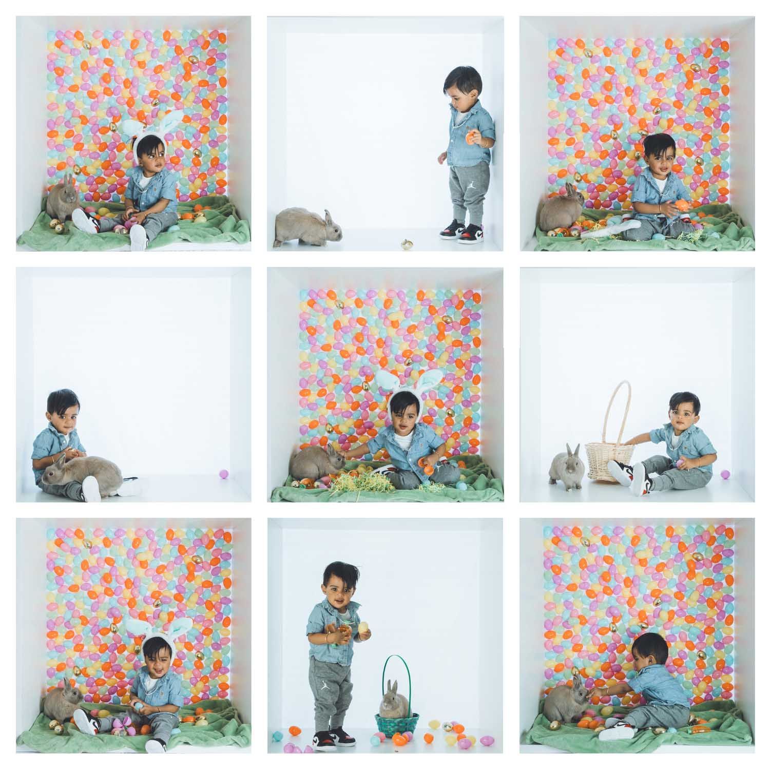 Spring themed photo series with floral background and Easter decorations.